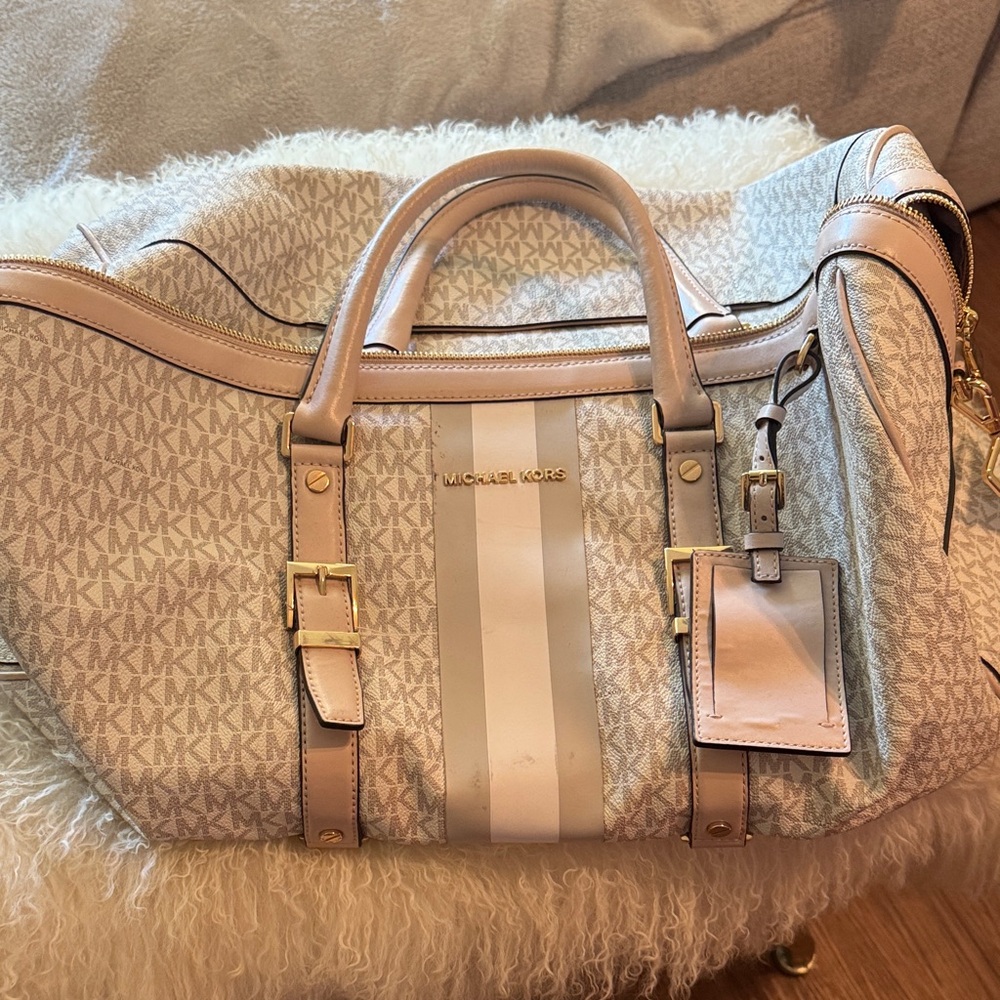Michael Kors Tan, Beige and Cream Monogram Duffel Bag